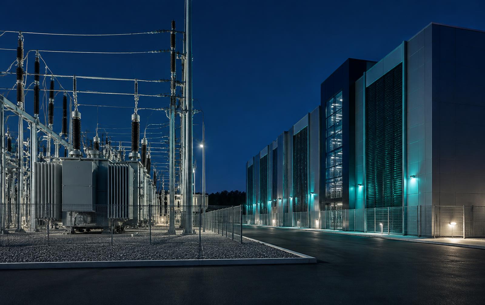 Electrical substation beside a modern data center at dusk
